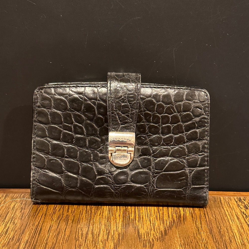 Bosca Black Crocodile Embossed Leather Trifold Wallet Push Lock Closure